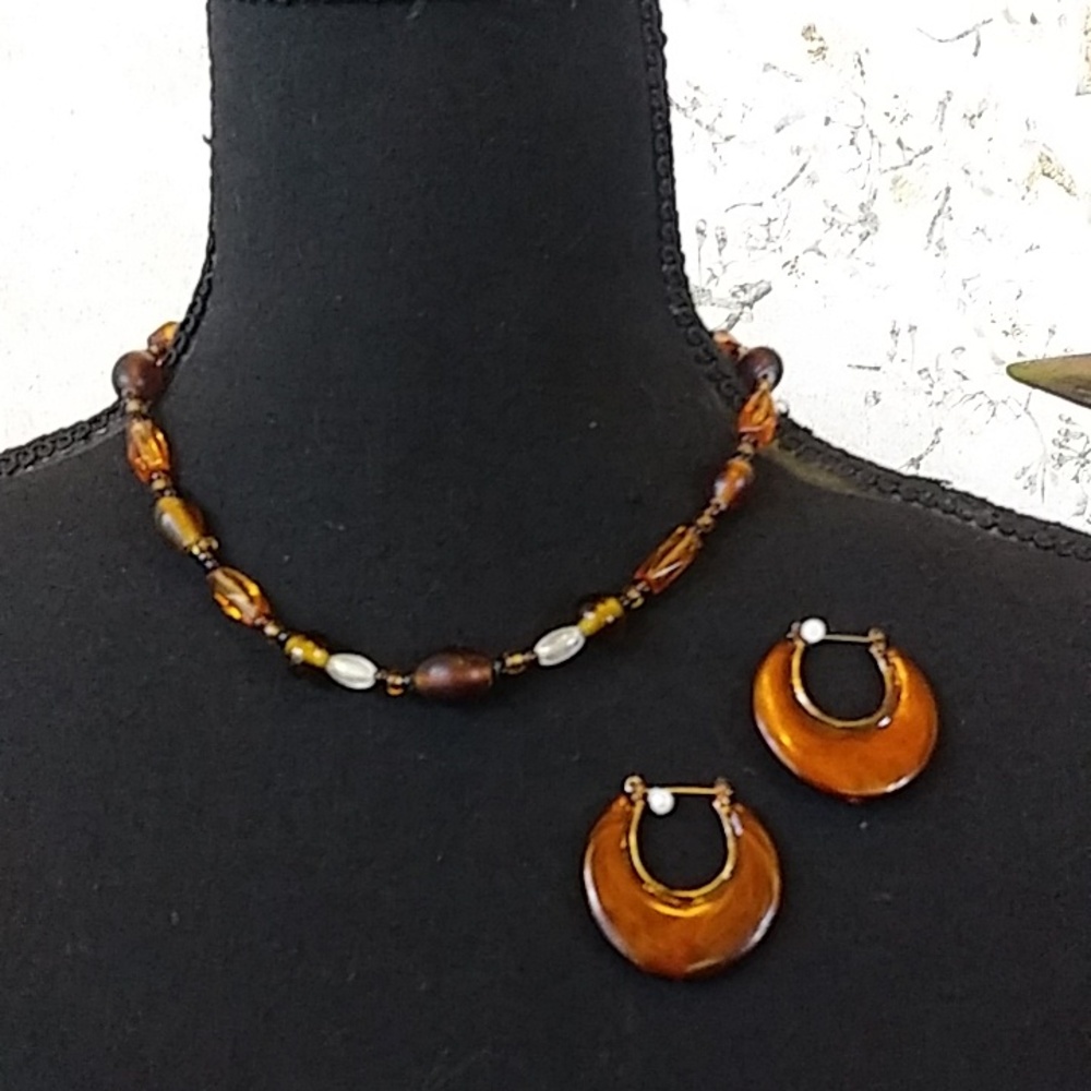 Brown Boho Stament Earrings Hoops & Brown  Beaded Necklace - Picture 6 of 17